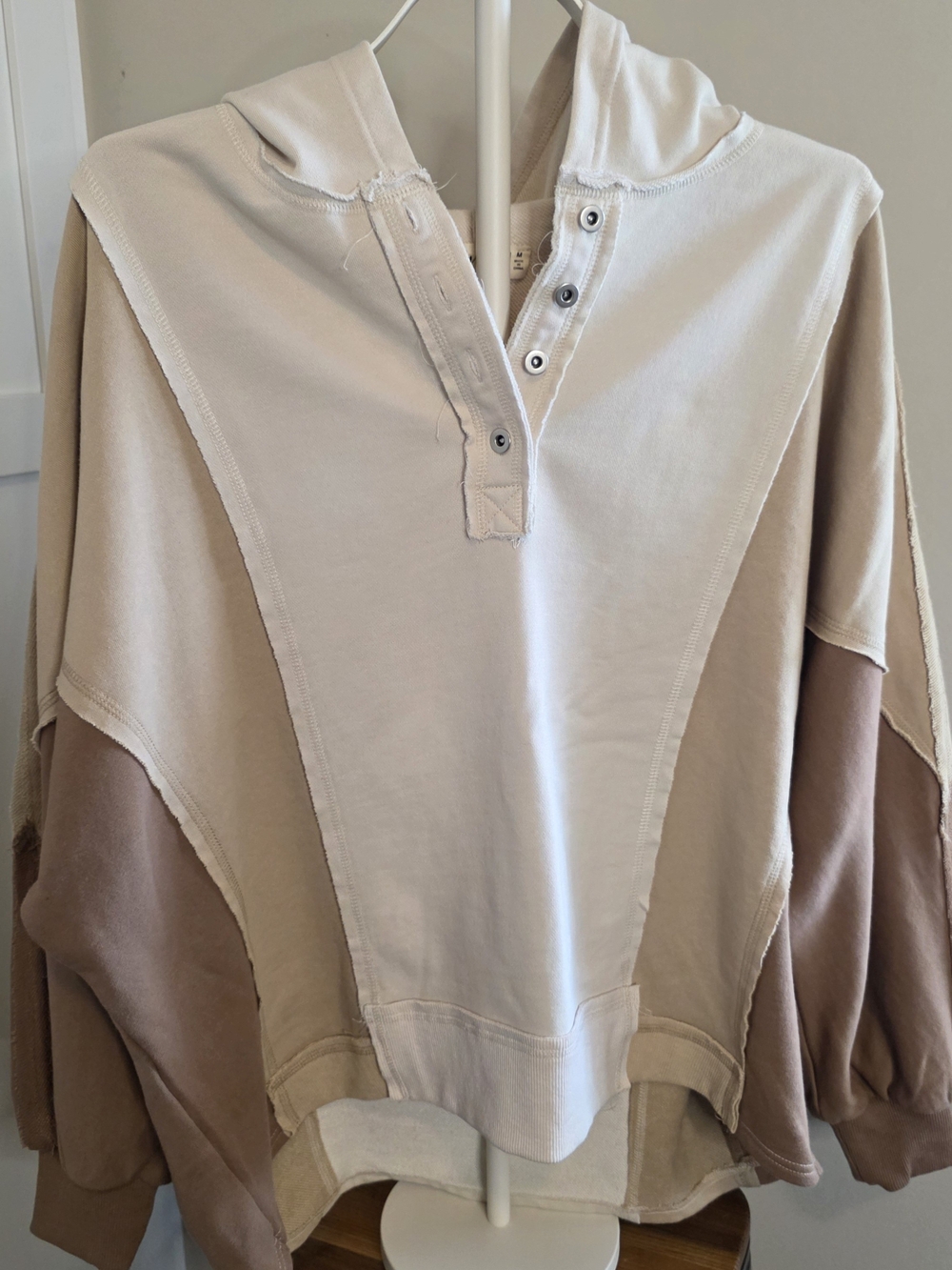 Women's Colorblock Henley Hoodie in Cream & Brown